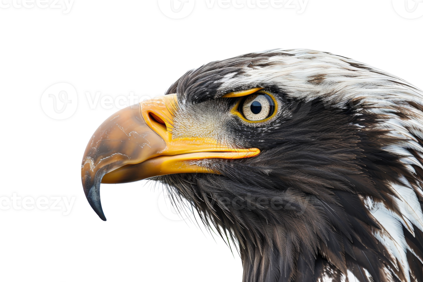 Close-up of a majestic eagle's head with intense yellow eyes and sharp beak, isolated on a transparent background. Perfect for wildlife themes. png