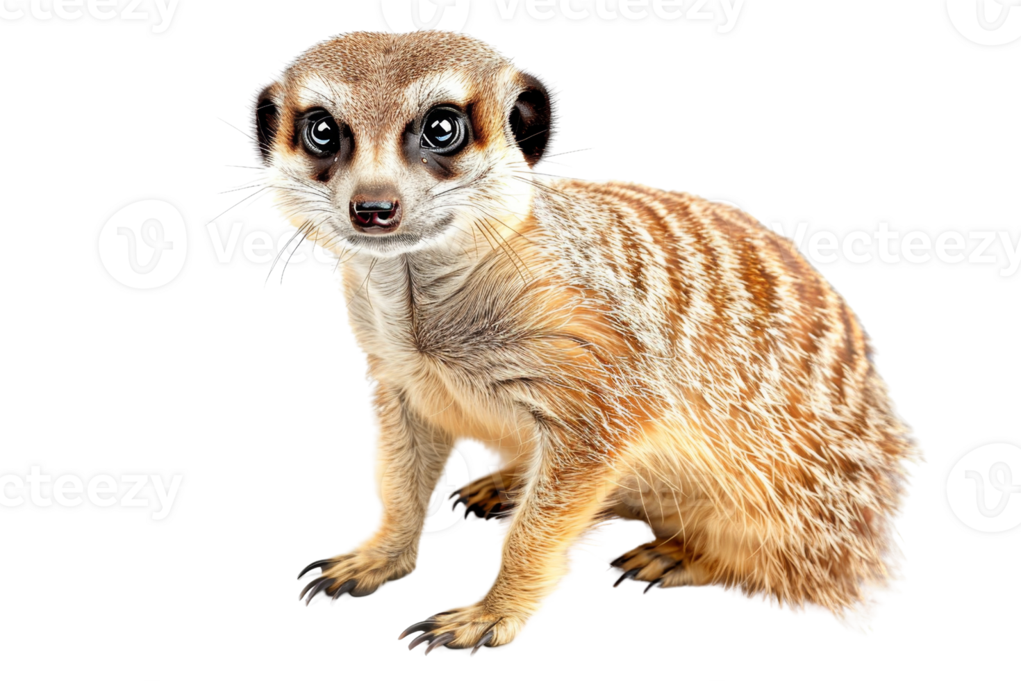 High resolution image of a curious meerkat standing, showcasing its fur details. Isolated on transparent background. png