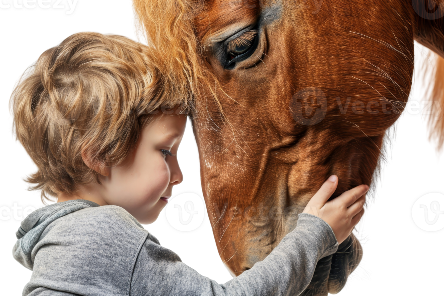 Heartwarming image of a young child tenderly touching a horse's face, capturing a moment of connection and affection. png