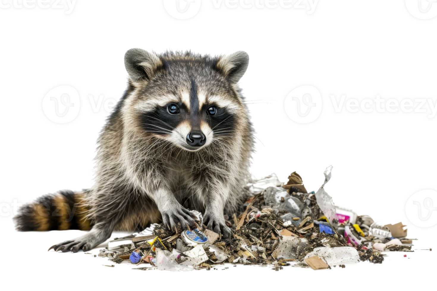 Curious raccoon sifting through trash, highlighting urban wildlife and the impact of human waste on animals. High-resolution stock photo. png