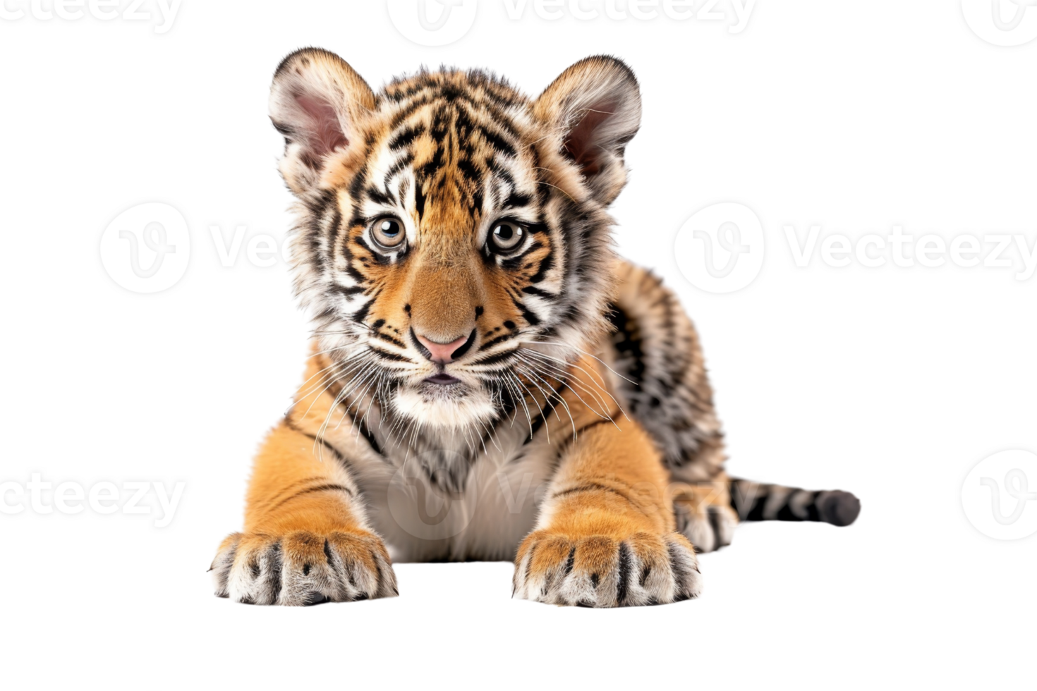 Cute tiger cub laying down and staring forward against a transparent background. Perfect for wildlife, nature, and animal themes. png
