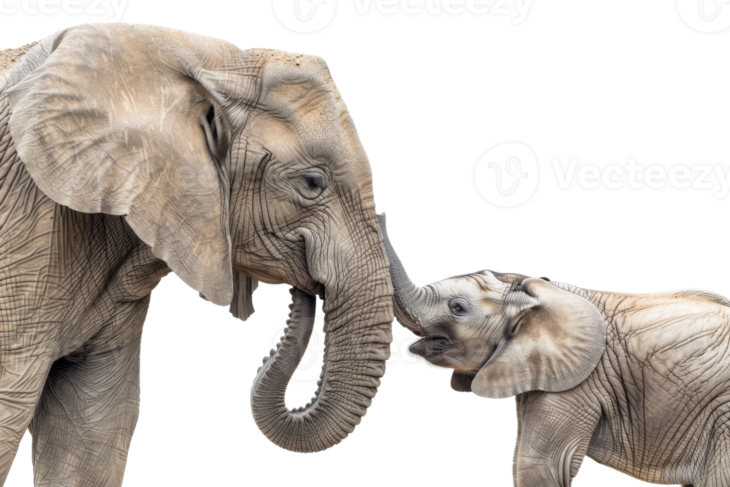 Heartwarming photo of an adult and young elephant interacting with their trunks, showcasing their bond and family connection. png