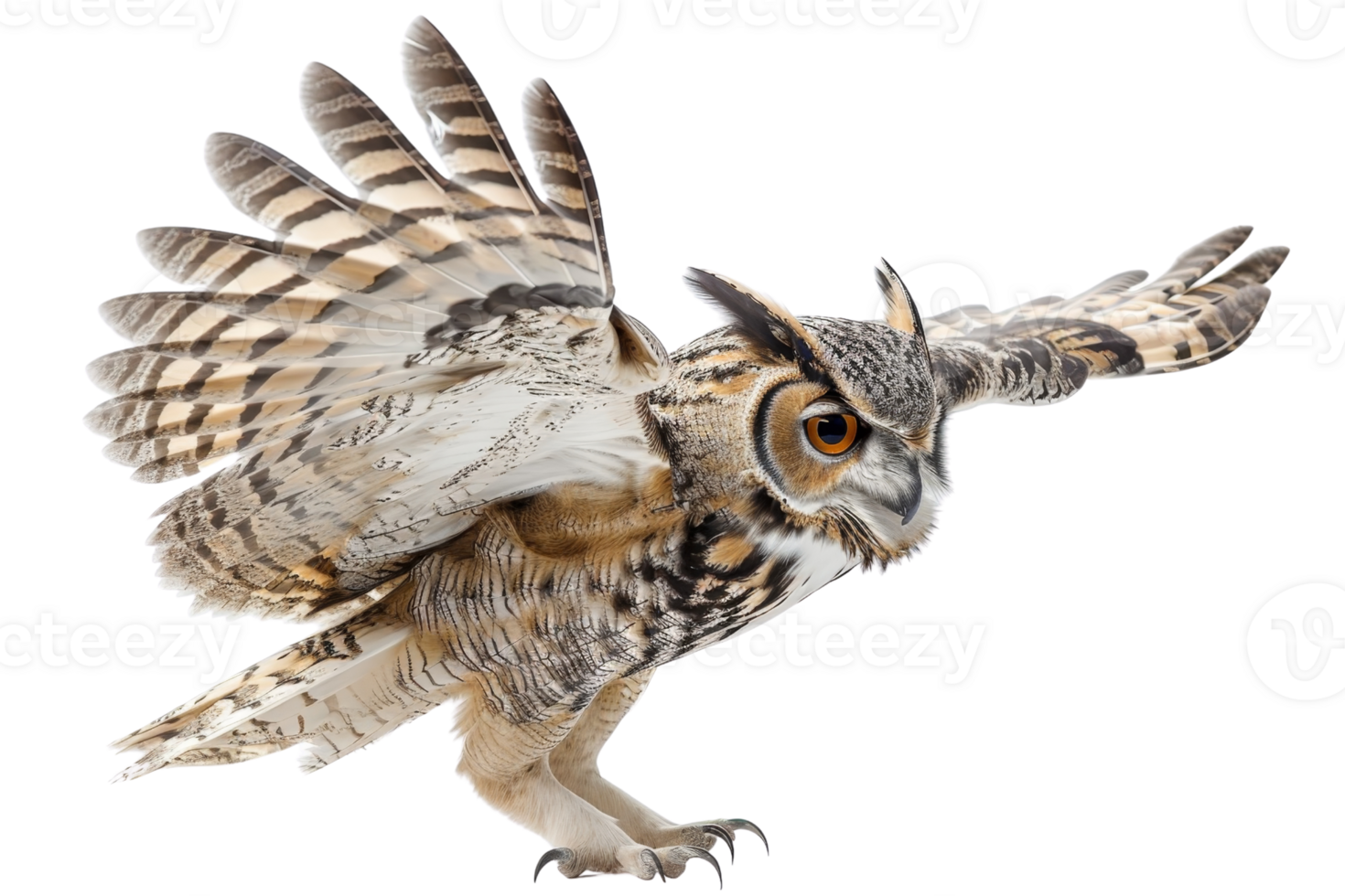Great horned owl in mid-flight with wings outstretched. Captured in crisp detail against a transparent background. png