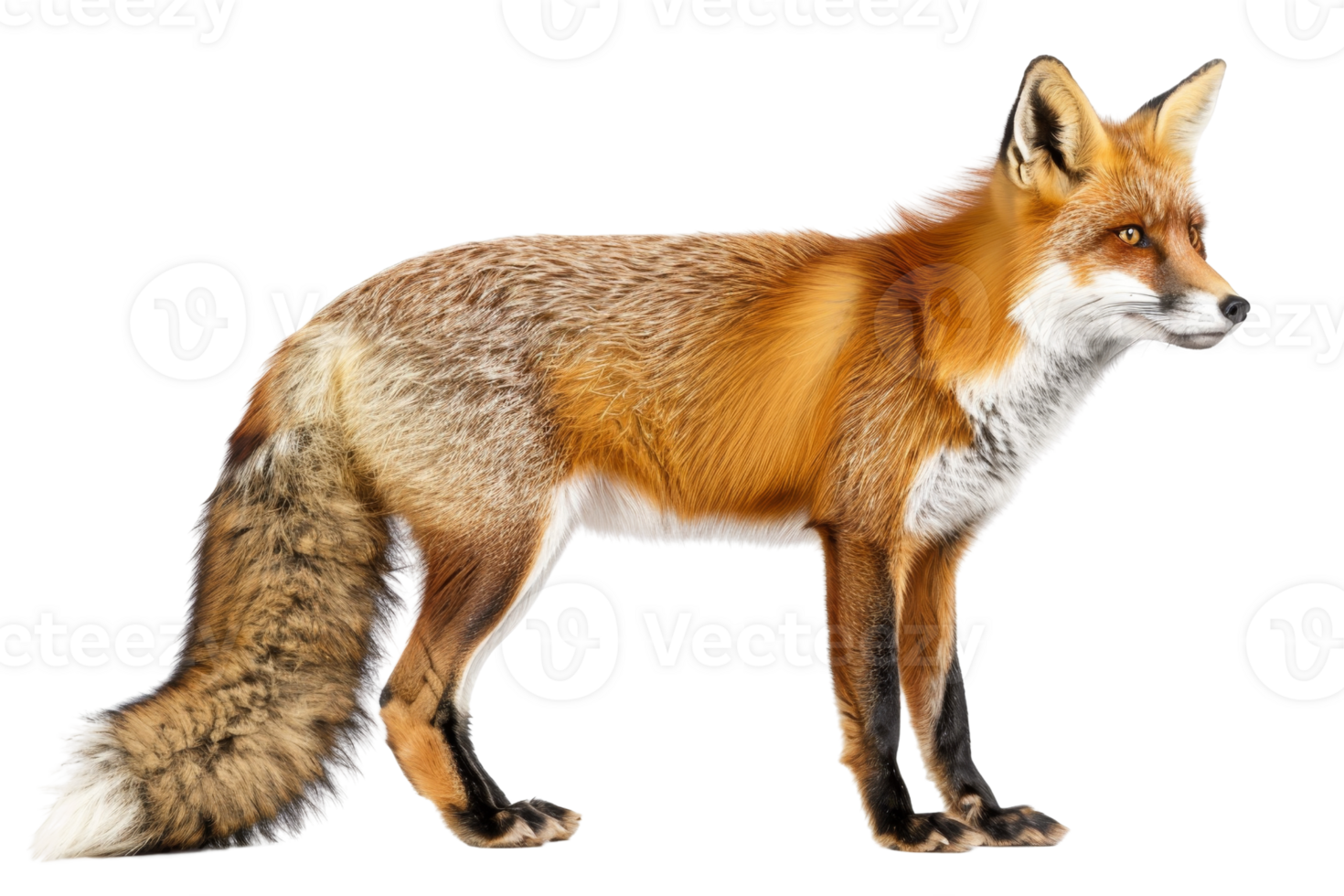 High-quality image of a red fox standing in profile, showcasing its detailed fur and natural appearance in a transparent background. png