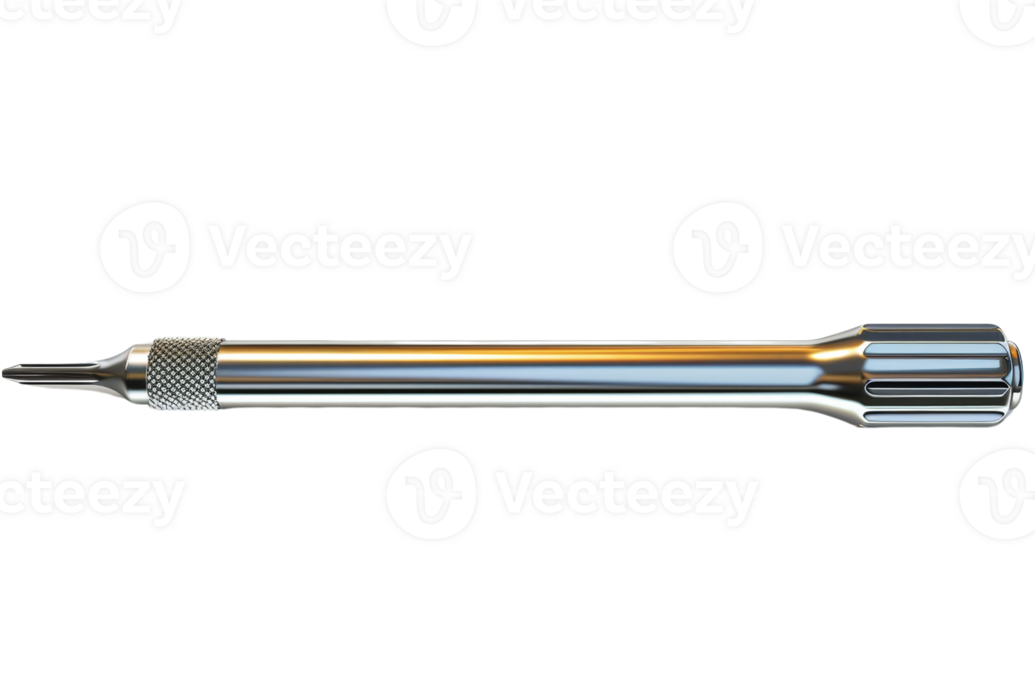 A close-up view of a precision metal screwdriver tool isolated on a transparent background. showcasing its sleek and shiny design. png