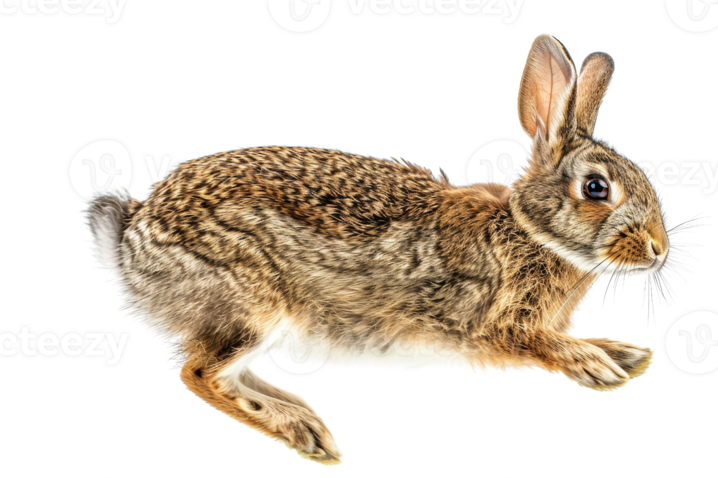 Lively rabbit in mid-hop against a transparent background. showcasing its detailed fur and attentive expression. png