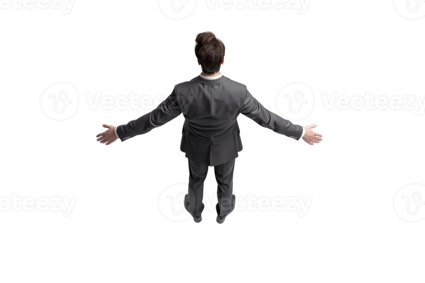 Businessman in a suit seen from behind with arms outstretched, isolated on transparent background. Professional, confident, open gesture. png