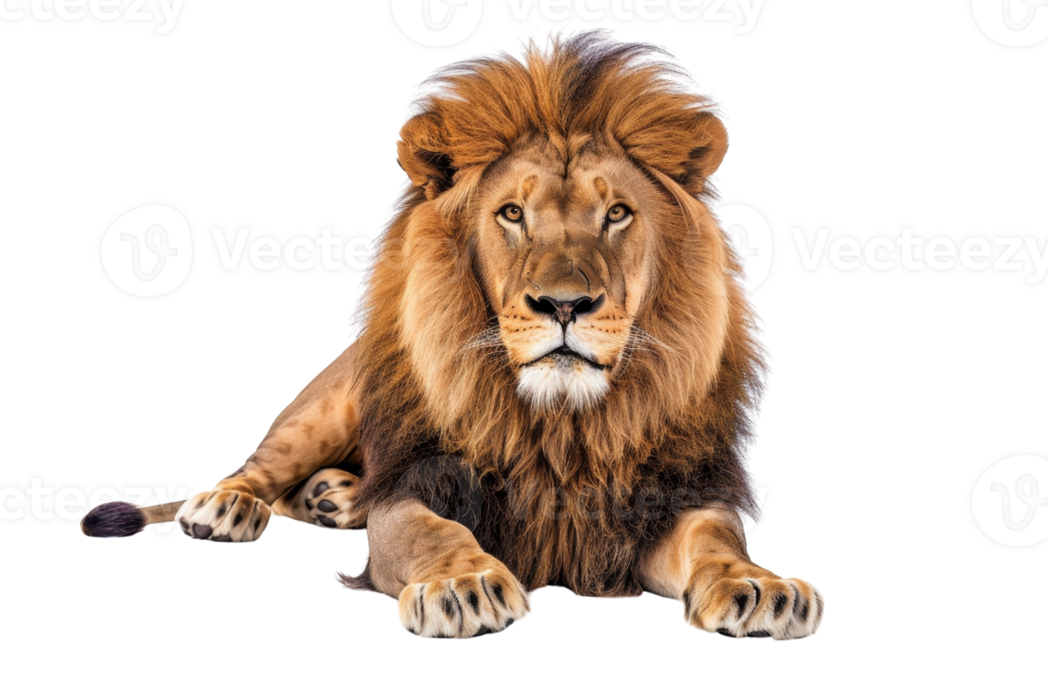 Majestic lion lying down with a focused gaze, showing its powerful presence and regal mane, isolated on a transparent background. png