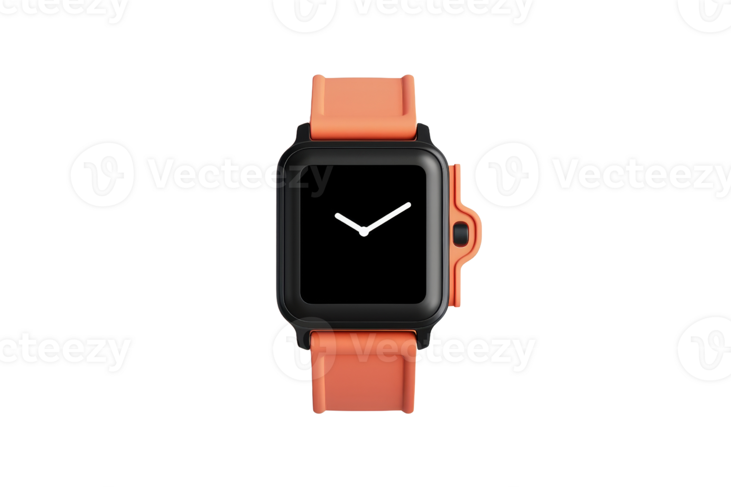 Modern smartwatch with orange band and black screen showing time, isolated on transparent background. Perfect for fitness, technology, and fashion uses. png