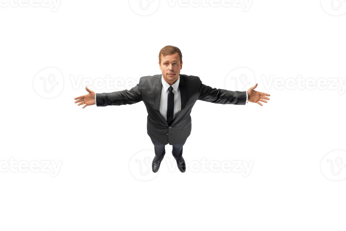 Businessman standing with arms open in a welcoming gesture, wearing a suit and tie, isolated on transparent background. png