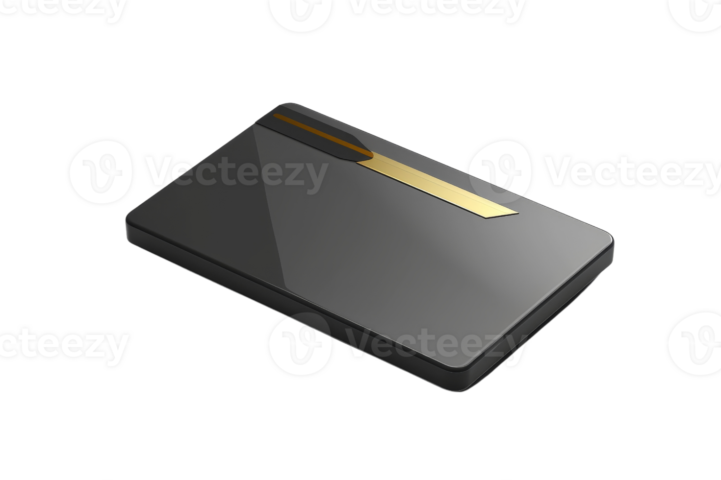 Sleek black metal credit card with a gold accent, perfect for illustrating modern finance and luxury themes in various uses. png