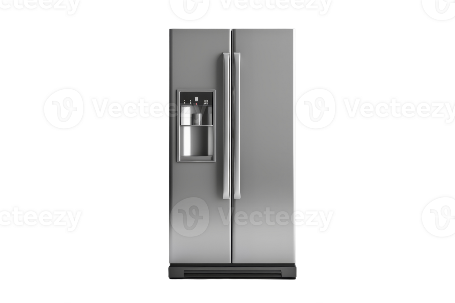 Modern stainless steel refrigerator with side-by-side doors, water and ice dispenser. High-quality kitchen appliance for home use. png