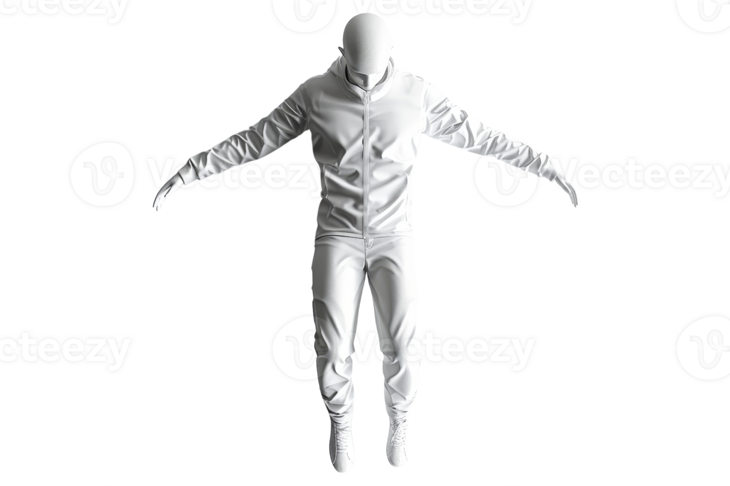 Futuristic white full-body suit with hood, isolated on a clean background, showcasing modern design and advanced material technology. png