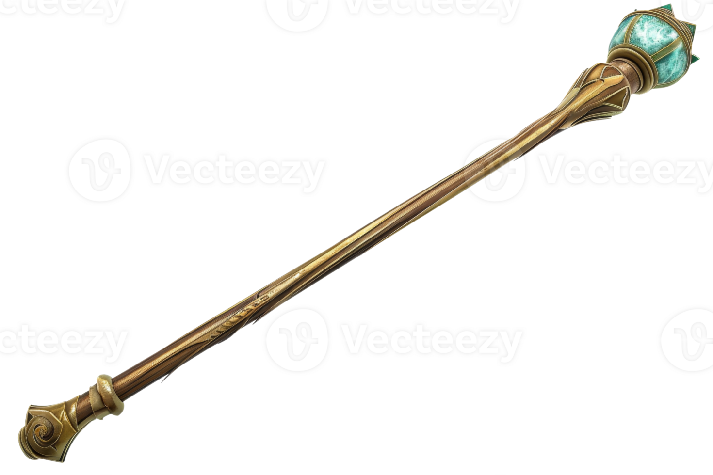 A detailed, ornate, antique golden scepter with a blue gem, isolated on a transparent background. Symbol of power and royalty. png