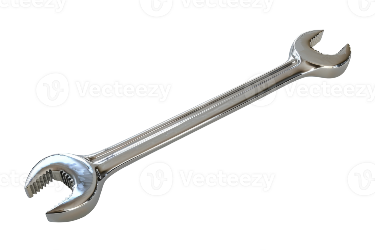 Silver open-end wrench isolated on transparent background. Close-up of versatile tool for mechanical, automotive, and general hardware use. png
