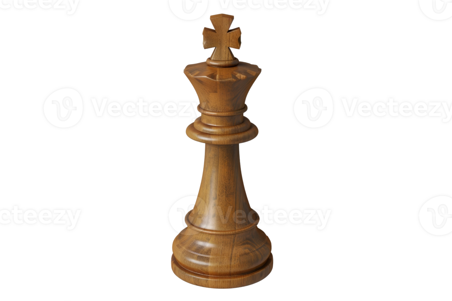 A close-up of a wooden chess king piece standing upright, showcasing intricate craftsmanship and design, isolated on a transparent background. png