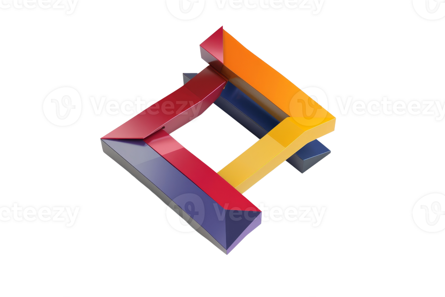 Colorful abstract geometric shape with interlocking design, featuring vibrant red, orange, yellow, and purple hues on a transparent background. png