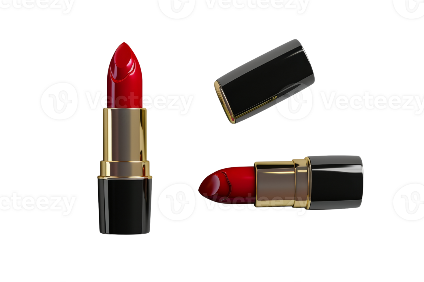 Three red lipsticks isolated on transparent background. Elegant cosmetics ideal for beauty articles, blog posts, and advertising materials. png