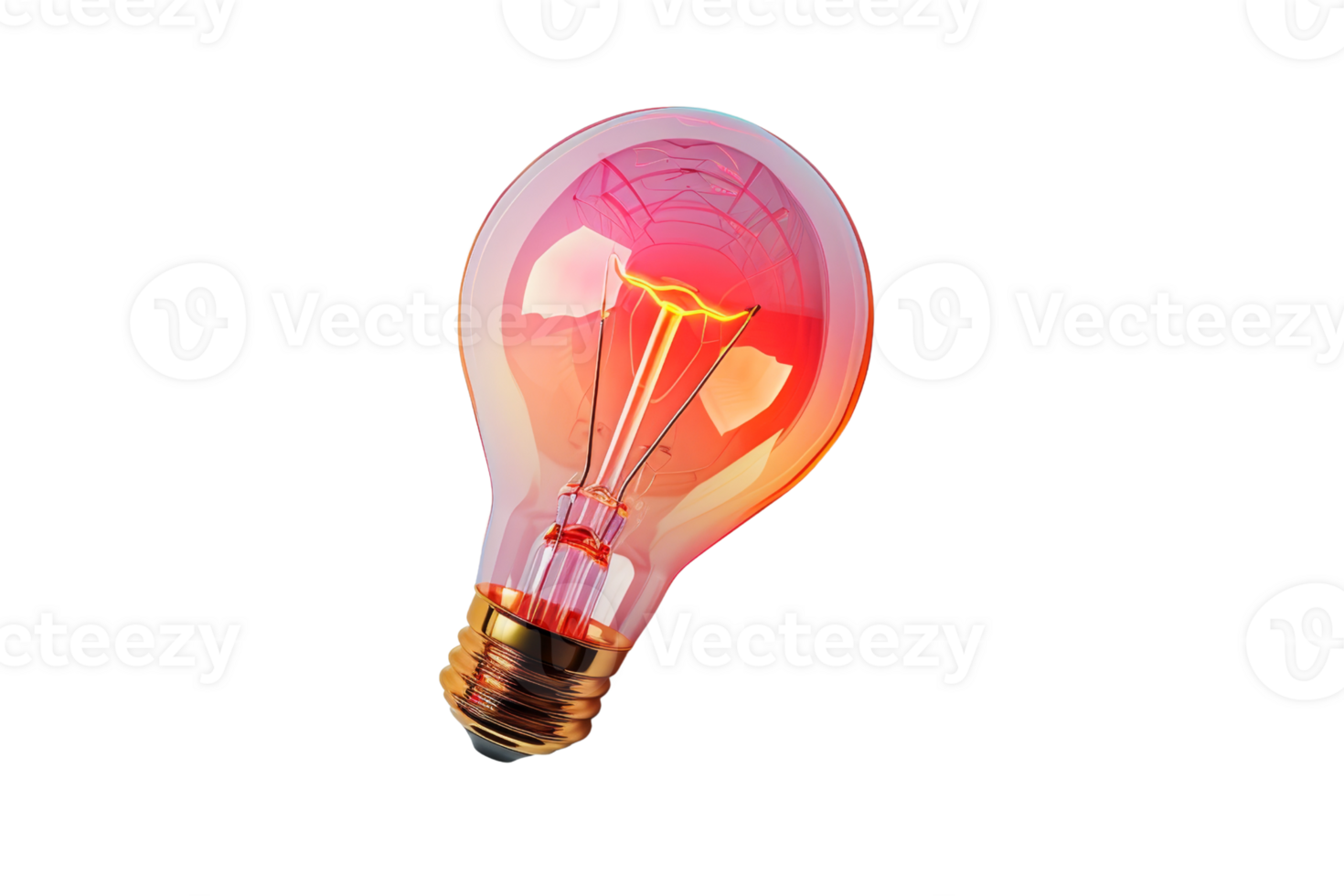 A close-up image of a glowing incandescent light bulb with a red tint, symbolizing ideas, innovation, and creativity in a modern design concept. png