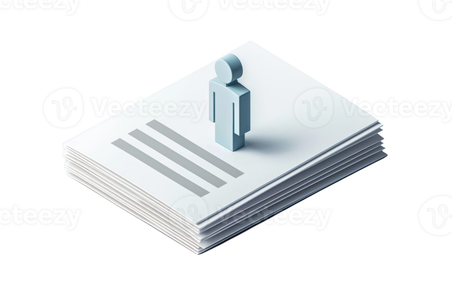 3D rendering of a resume with a standing figure on top, representing job search, employment, and career planning. png