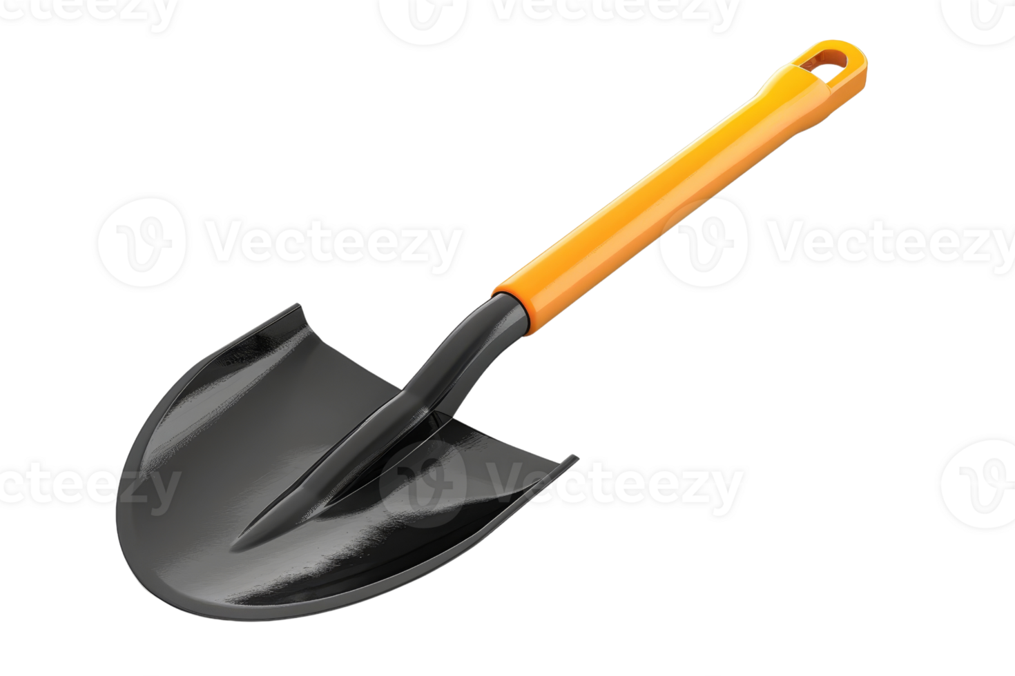 Image of a black shovel with an orange handle isolated on transparent background. Useful for gardening or construction purposes. png