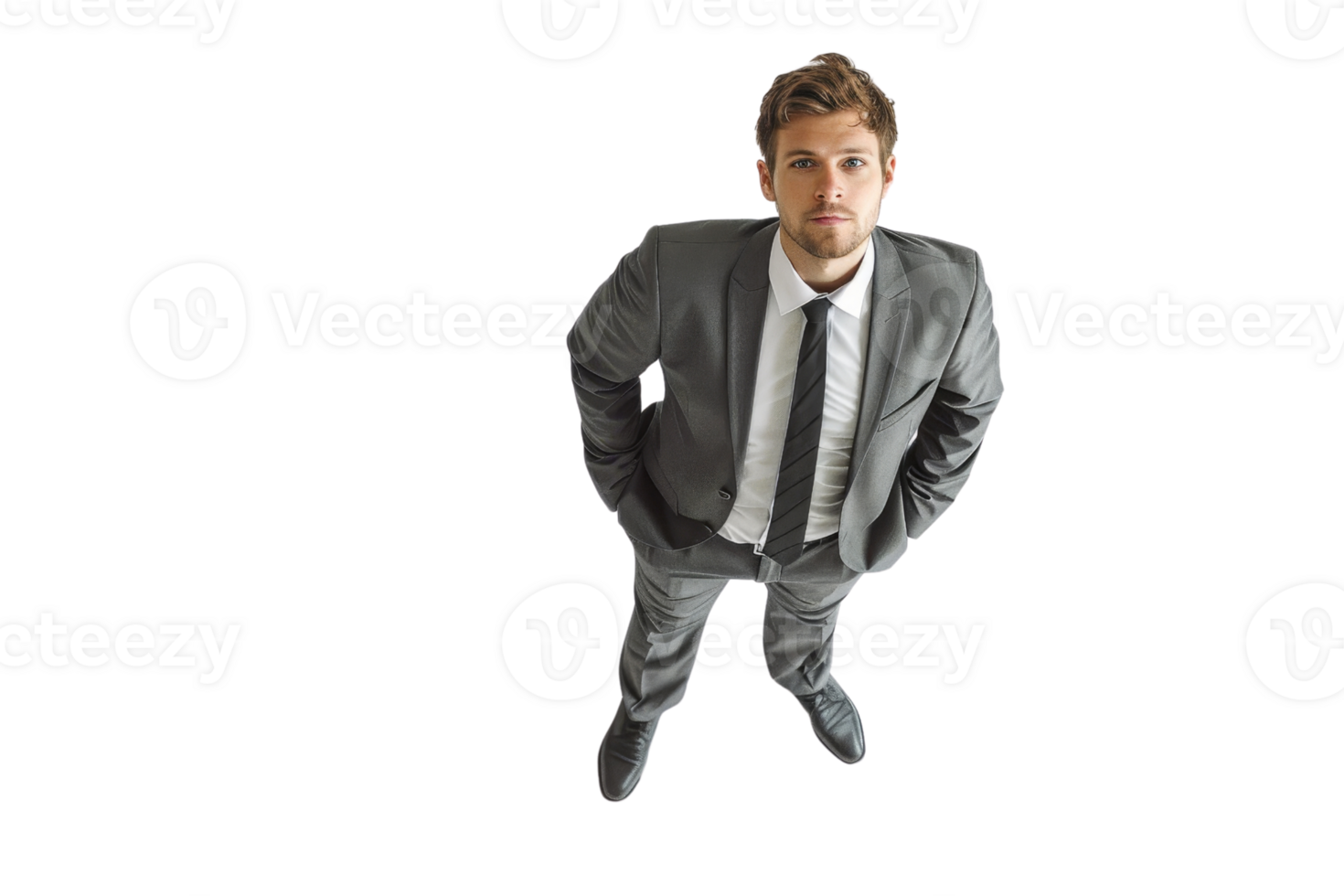 Businessman in a suit looking up, isolated on transparent background. top view, serious expression, professional attire. png