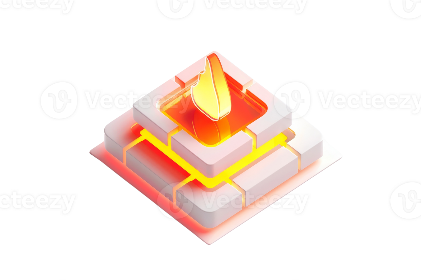 Isometric illustration of a glowing abstract flame in a geometric structure, perfect for technology and digital designs. png