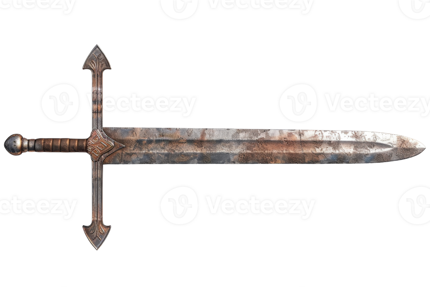 Close-up image of a rustic medieval sword with intricate details and weathered blade, perfect for historical and fantasy-themed projects. png