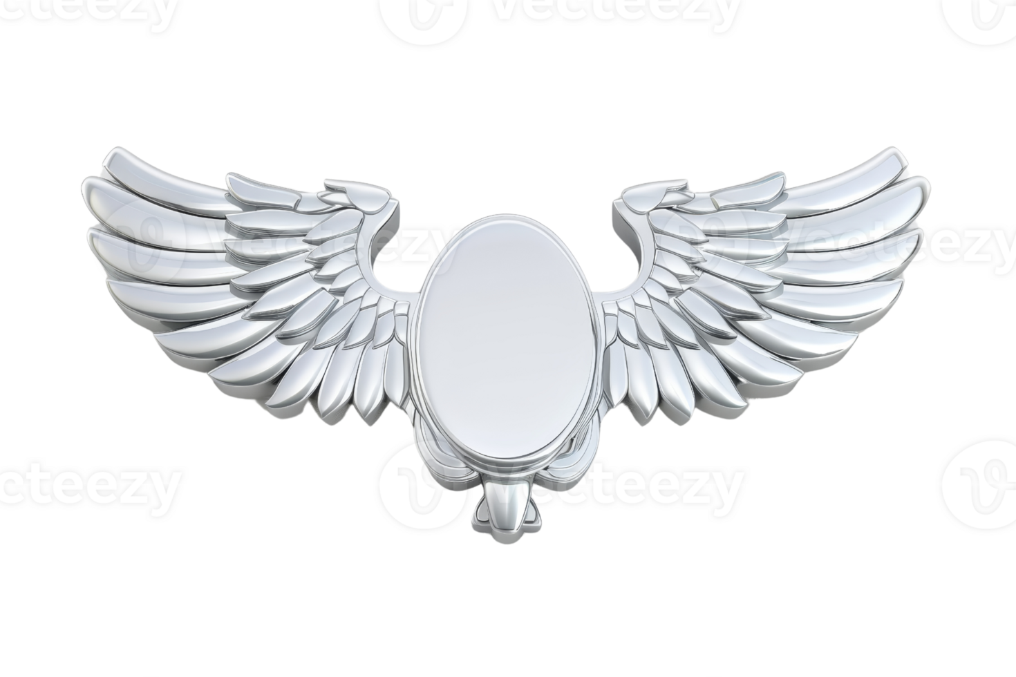 Silver metallic winged emblem with an empty center, symbolizing freedom and elegance. Ideal for logo design, branding, or decorative purposes. png