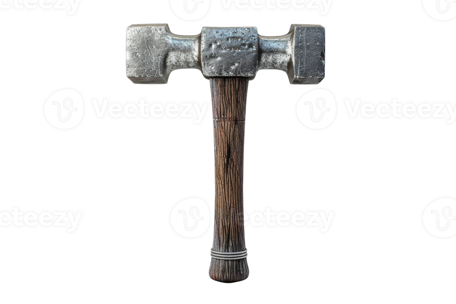 Close-up of a rugged double-sided hammer with a wooden handle, showcasing its age and use, isolated against a transparent background. png
