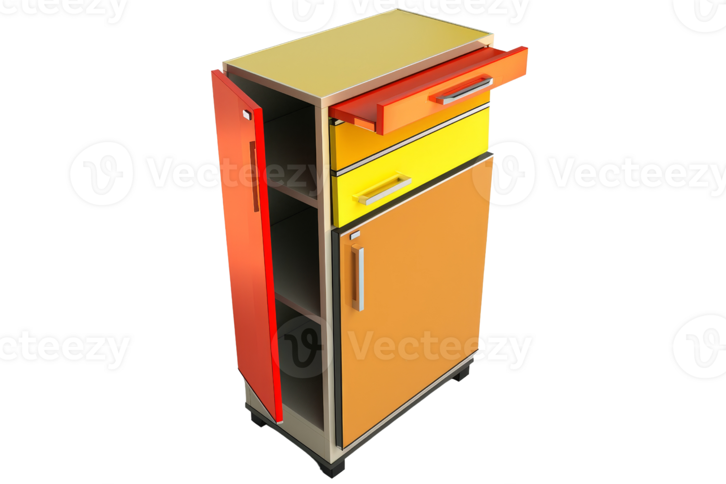 Colorful modern cabinet with open drawers and shelves, perfect for home or office storage. Vibrant design adds a touch of creativity to any space. png