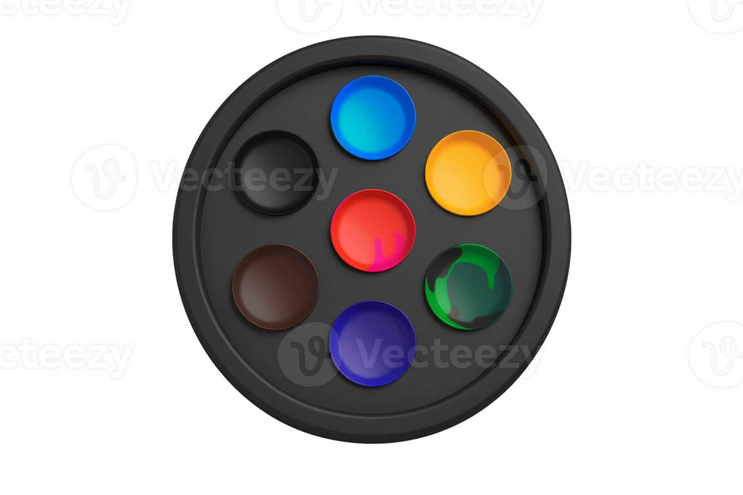 Round paint palette with six colorful paint blobs. Perfect for artistic and creative projects. Vibrant colors include blue, red, yellow, and green. png