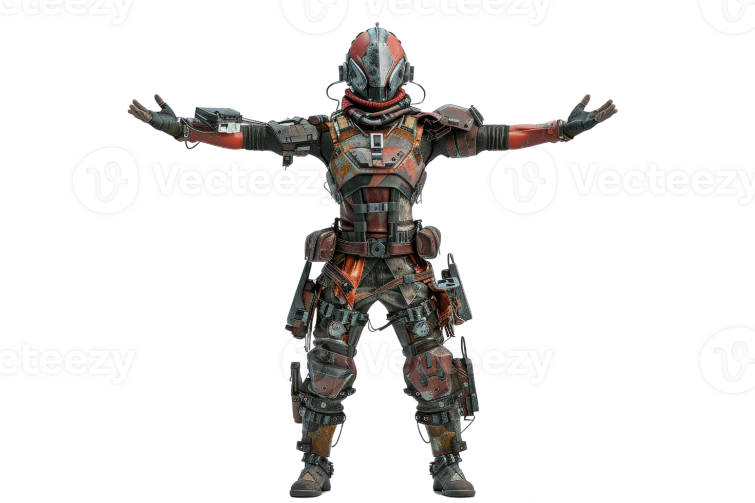 A futuristic warrior clad in advanced armor stands with arms outstretched, ready for battle in a sci-fi setting. png