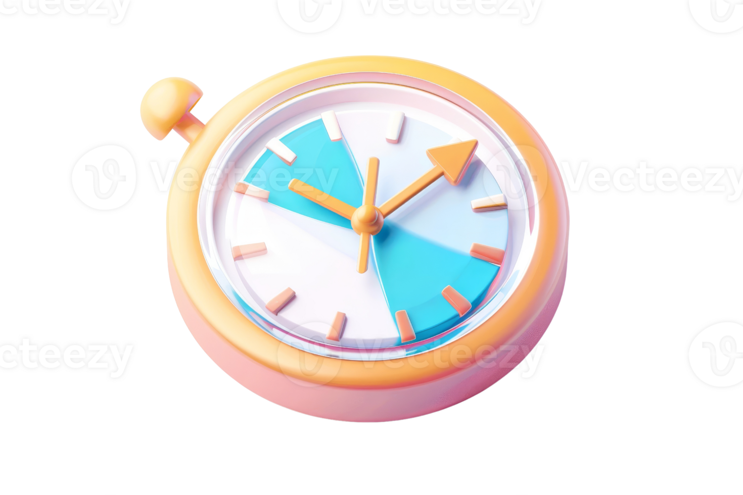3D illustration of a colorful stopwatch with an orange frame and contrasting blue and white sections, perfect for timing and measurement concepts. png