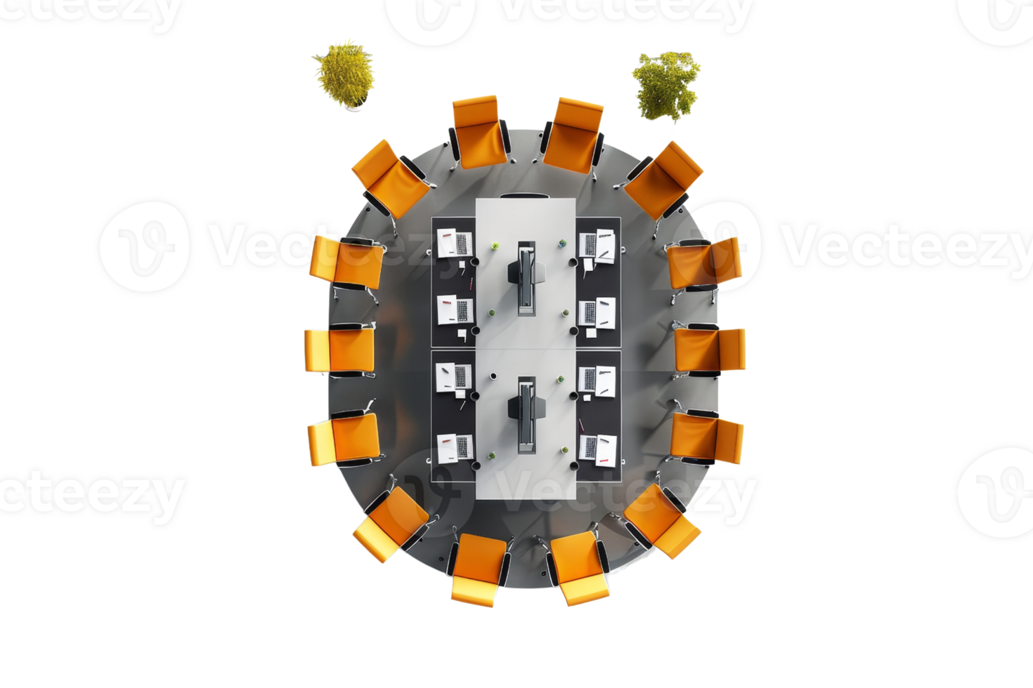 Top view of a modern conference table setup with orange chairs and office supplies, ready for a collaborative meeting. png