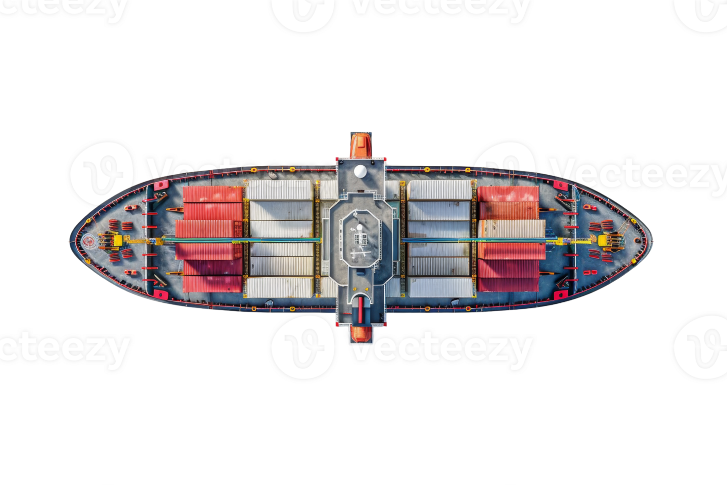 Aerial view of a colorful cargo ship loaded with containers, sailing through the ocean. Ideal for maritime, logistics, and trade concepts. png