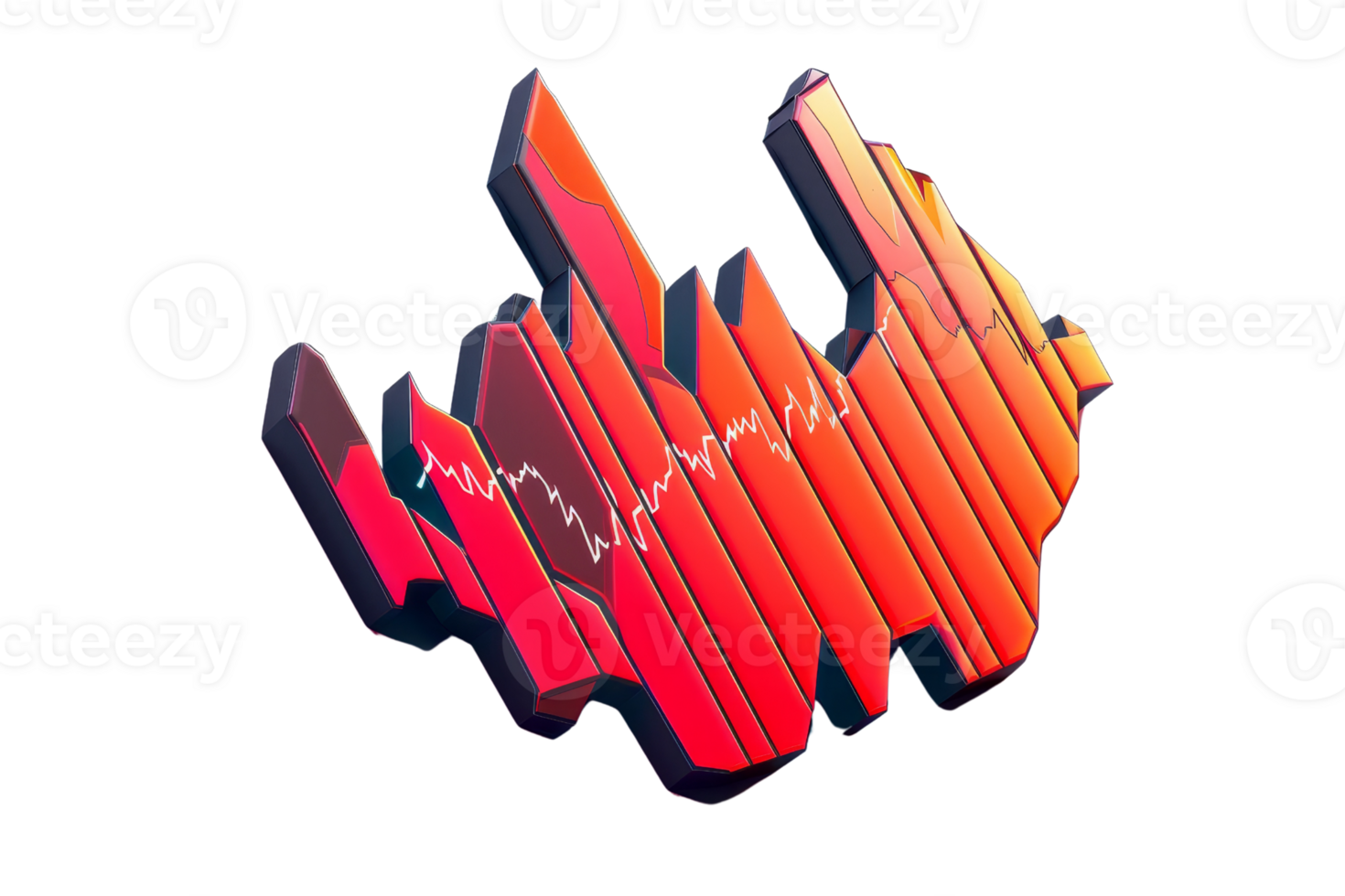 3D graph data visualization with red and orange bars and a white line graph, representing statistical analysis on a black background. png