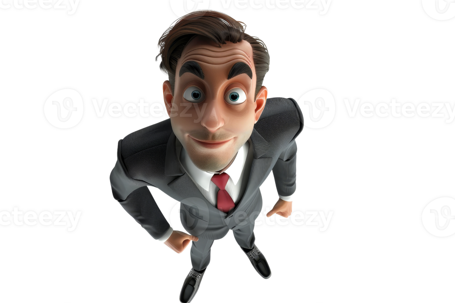 Animated businessman character in a gray suit and red tie looking up confidently. Isolated on transparent background. png