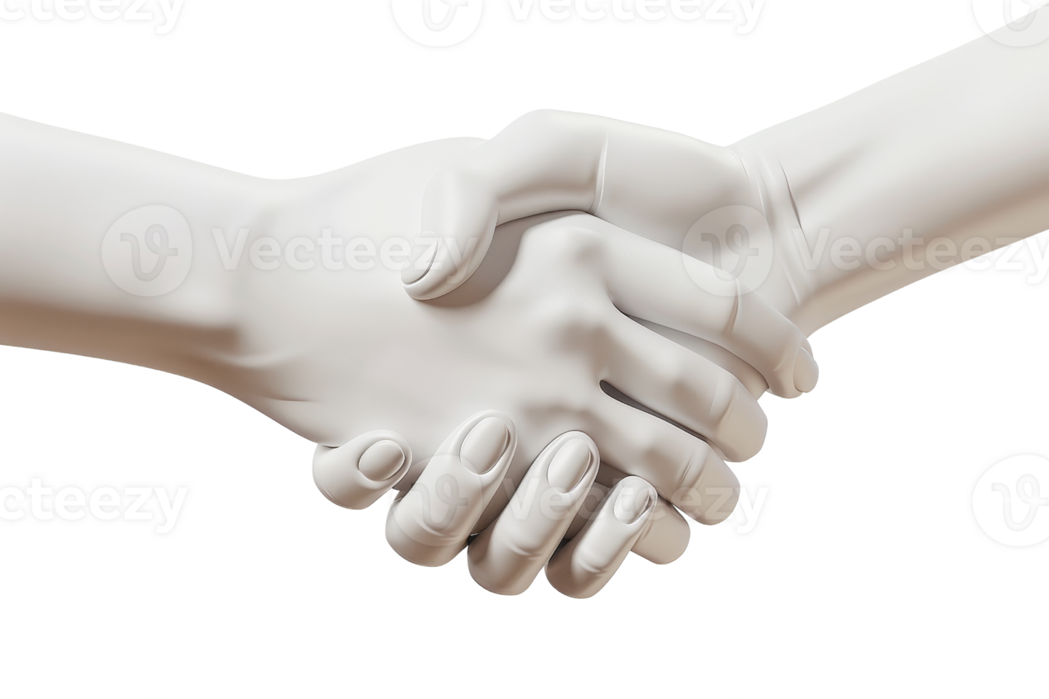 Close-up of two 3D-rendered white hands shaking, isolated on a transparent background. symbolizing agreement, partnership, and teamwork. png