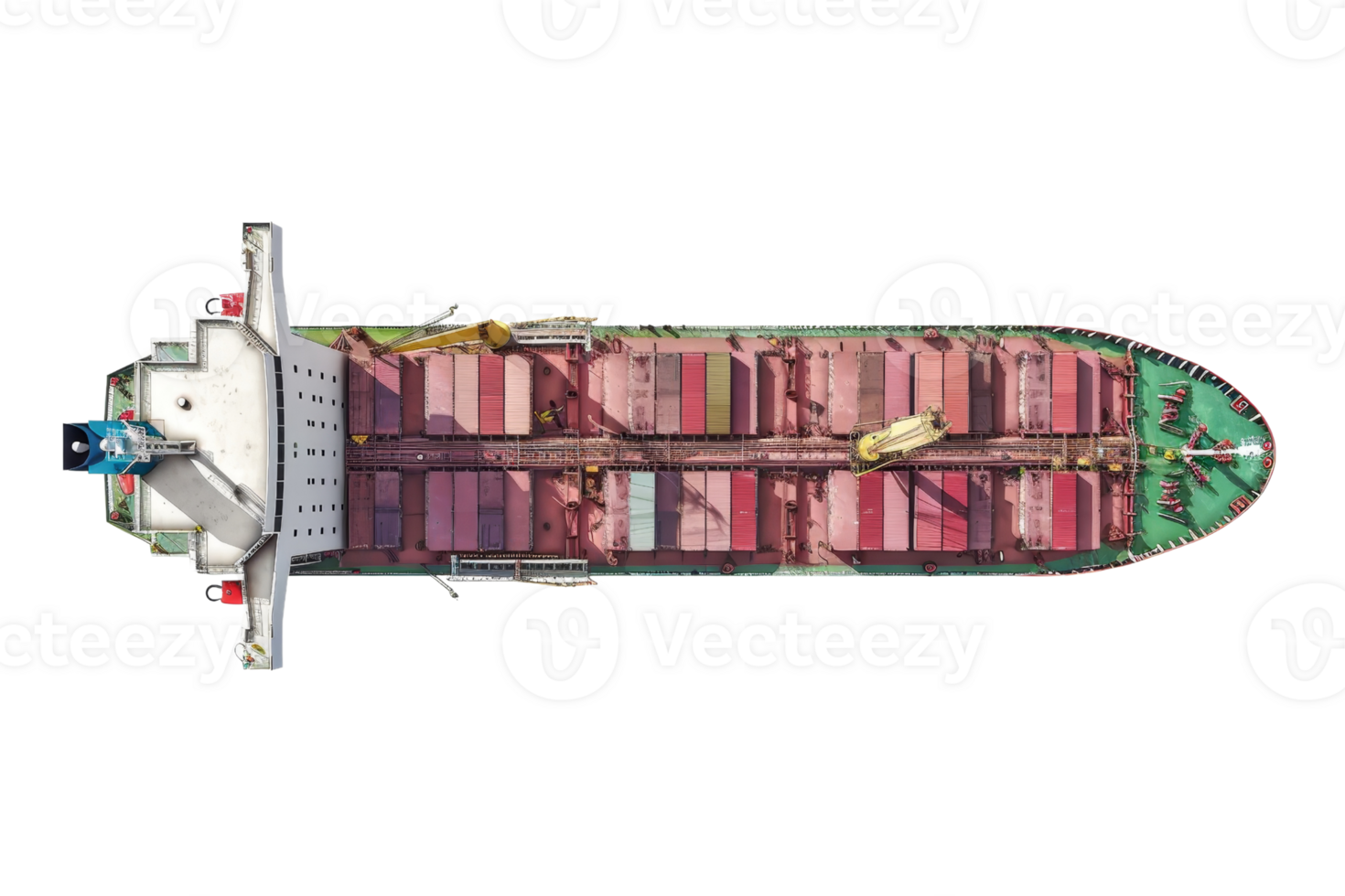 Aerial view of a large cargo ship loaded with colorful containers, isolated on a transparent background. showcasing international shipping and logistics. png