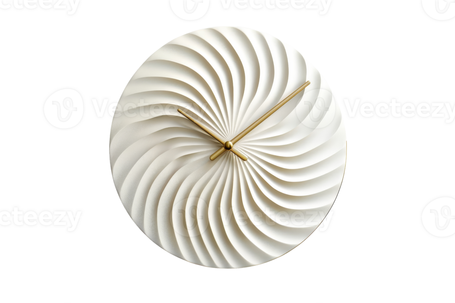 Elegant white wall clock with intricate spiral design and gold hands, isolated on transparent background. perfect for modern home decor. png