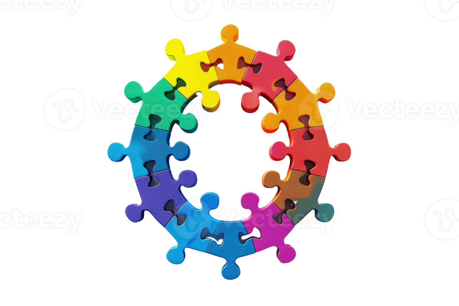 Colorful circular puzzle pieces forming a connected ring, symbolizing teamwork, unity, and diversity in a vibrant design. png