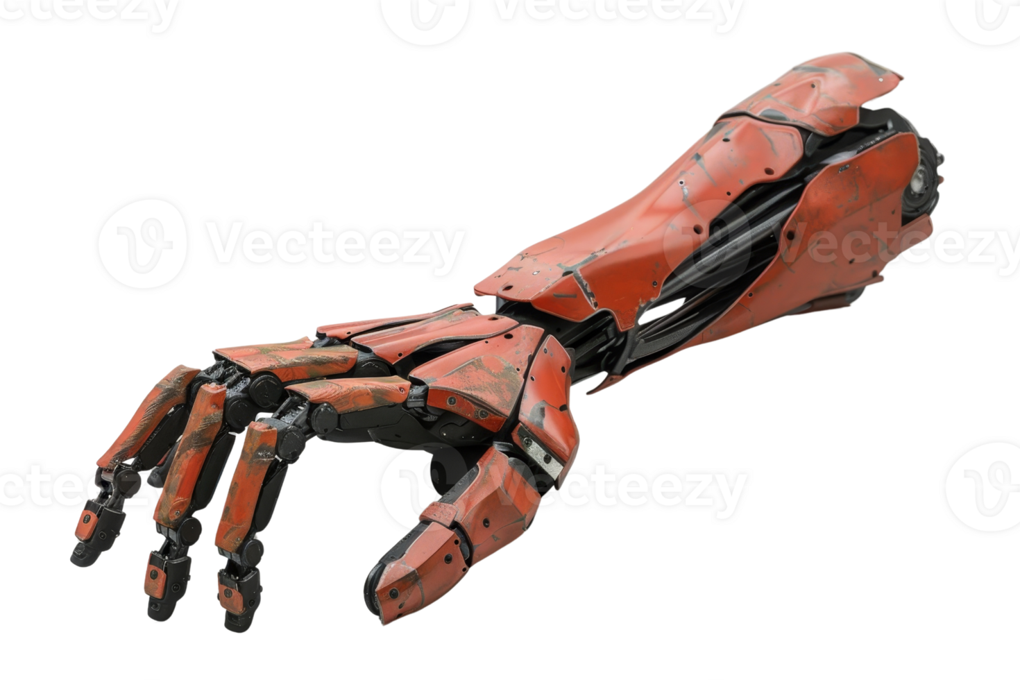 Futuristic robotic arm with metallic design and intricate details. High-tech prosthetic showcasing advanced engineering and precision. png