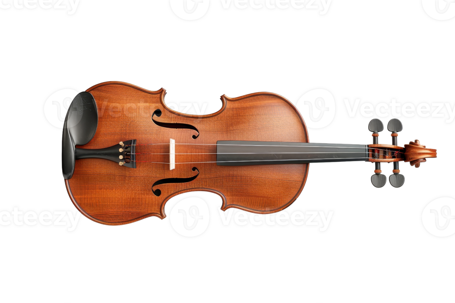 Top view of a classic wooden violin with a fine polished finish. The image captures intricate details of this musical instrument against a transparent background. png