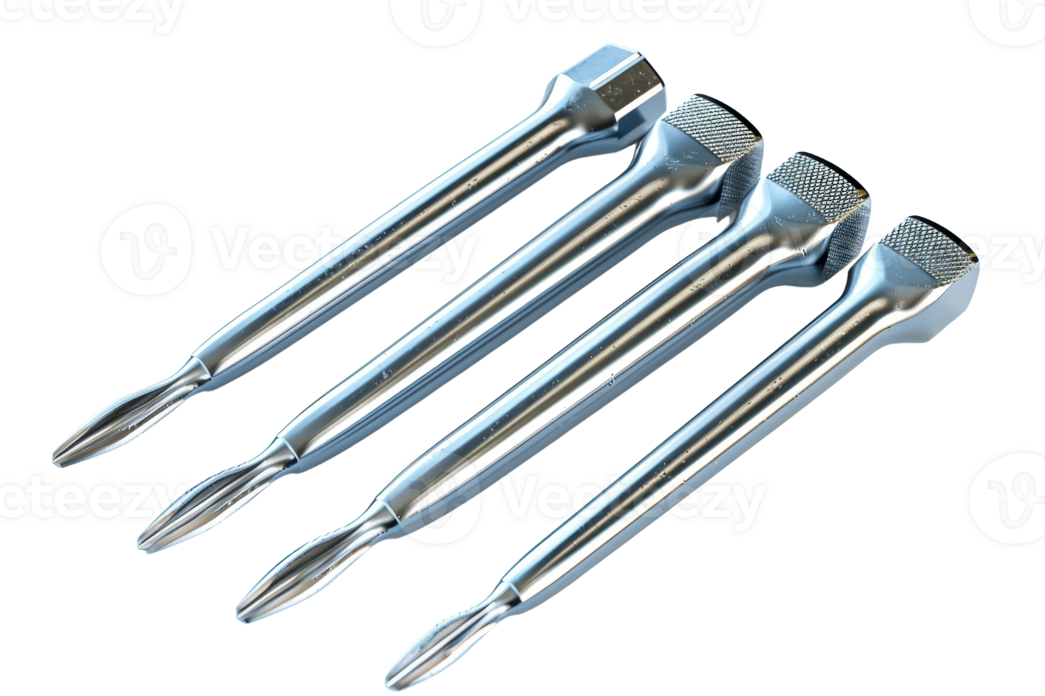 Set of four silver flathead screwdriver bits, aligned in parallel, perfect for precision machinery and hardware tasks. png