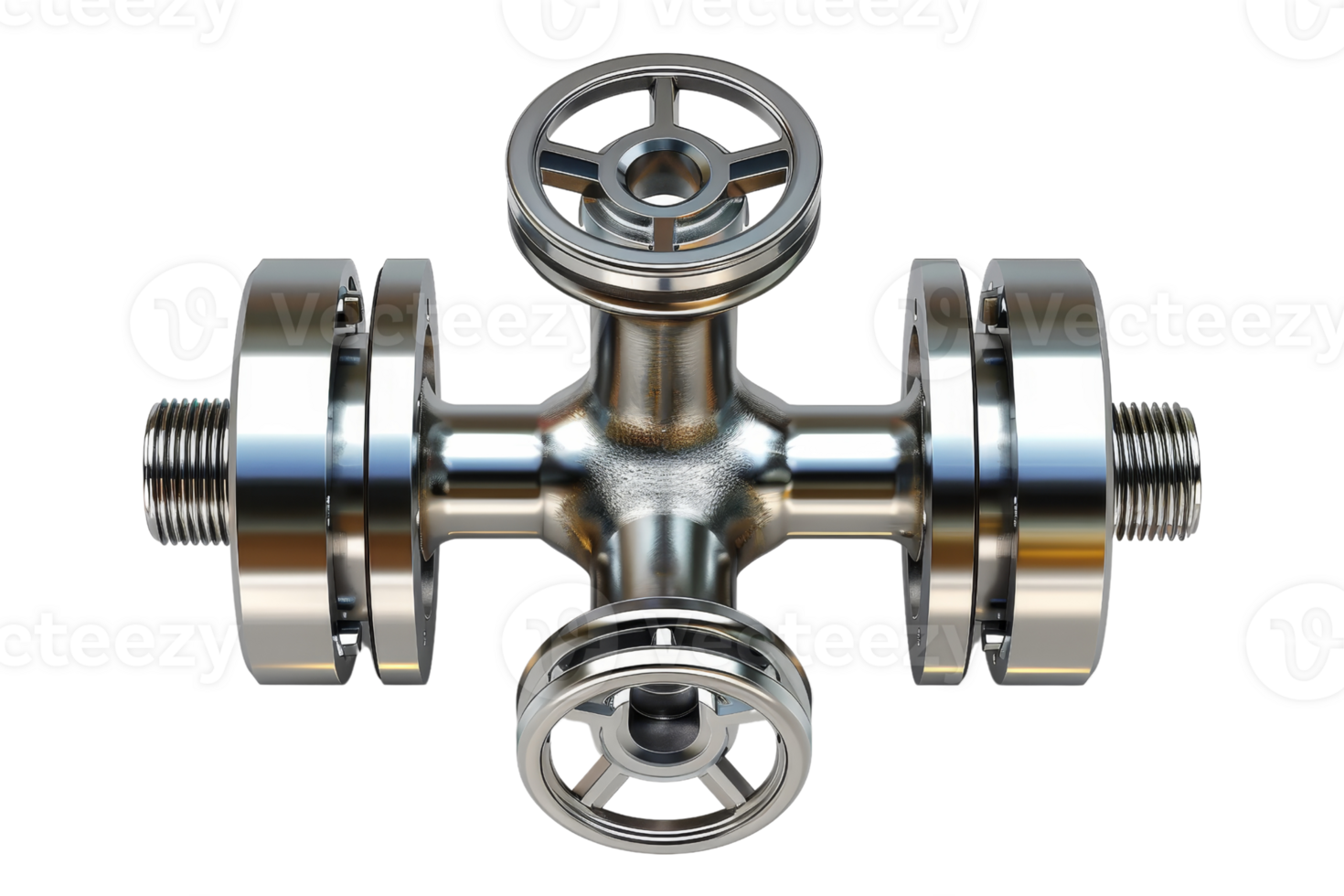 Stainless steel industrial valve with multiple connections, used for plumbing and engineering applications. Isolated on a transparent background. png