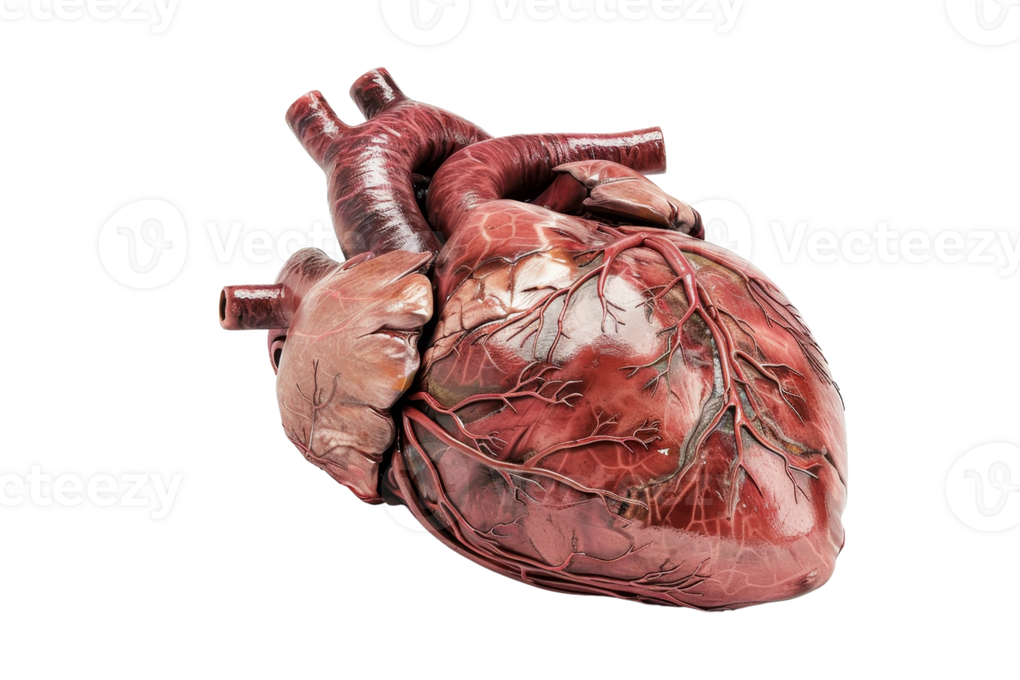 Realistic anatomical human heart model with detailed blood vessels and structure, isolated on transparent background. png
