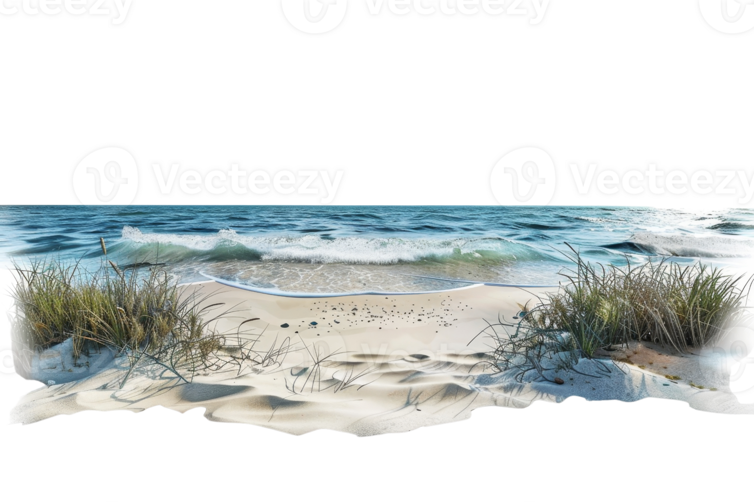 Serene beach scene with gentle waves, sandy shores, and seagrass, capturing the tranquility and beauty of coastal nature. png