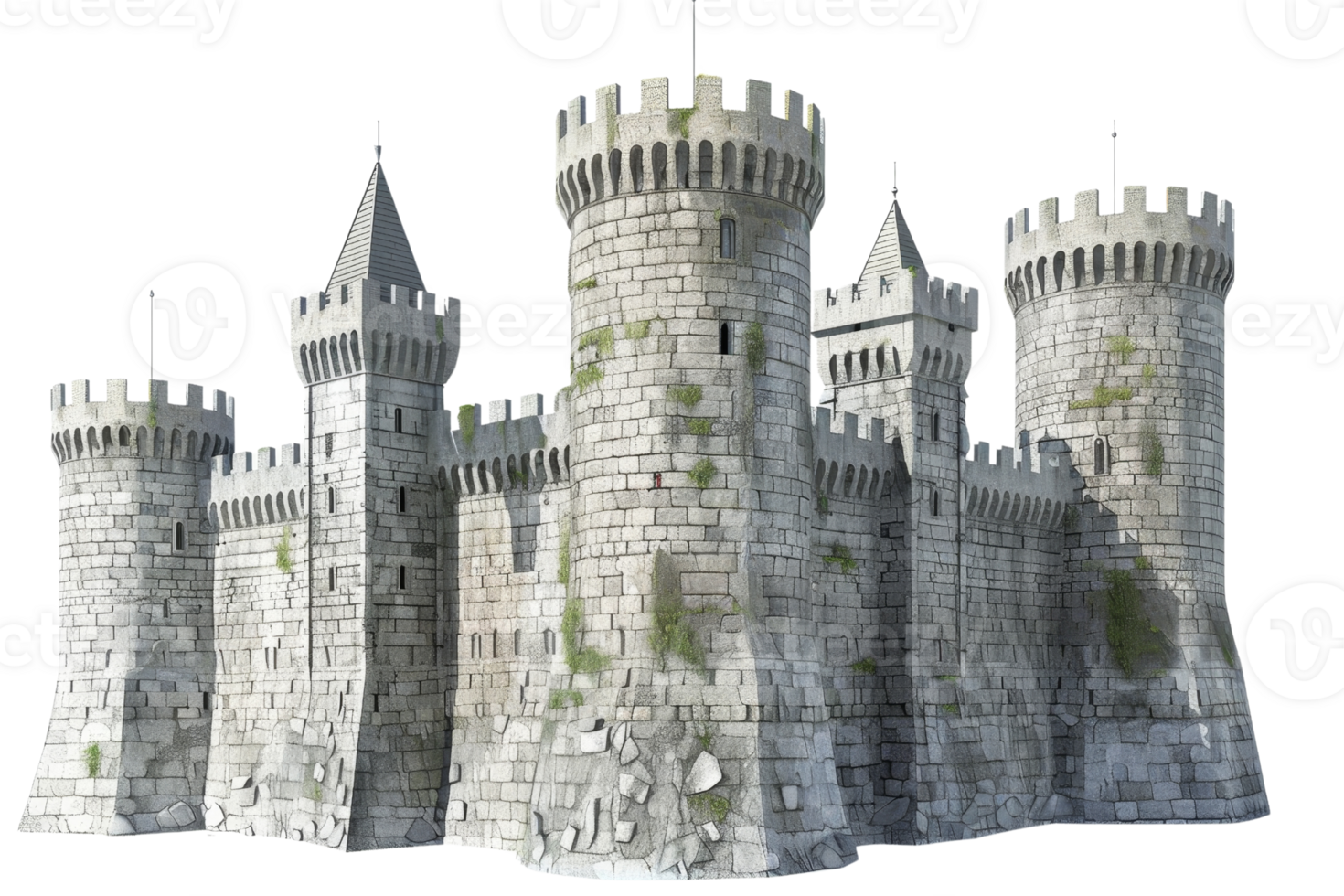 Medieval stone castle with turrets and dense ivy growth, showcasing ancient architectural grandeur and historical significance. png