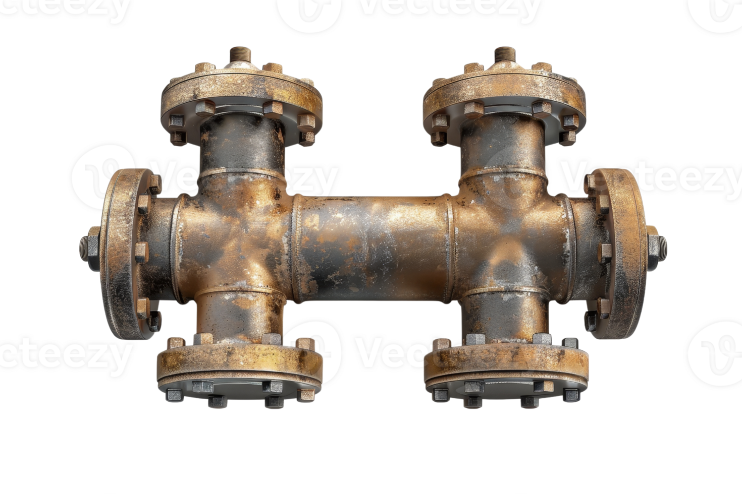 Rusty industrial pipeline connector isolated on transparent background. showcasing aged metal texture and industrial engineering detail. png